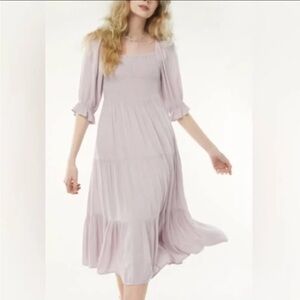 Oak + Fort Lilac Smocked Midi Dress Puff Sleeves Size S